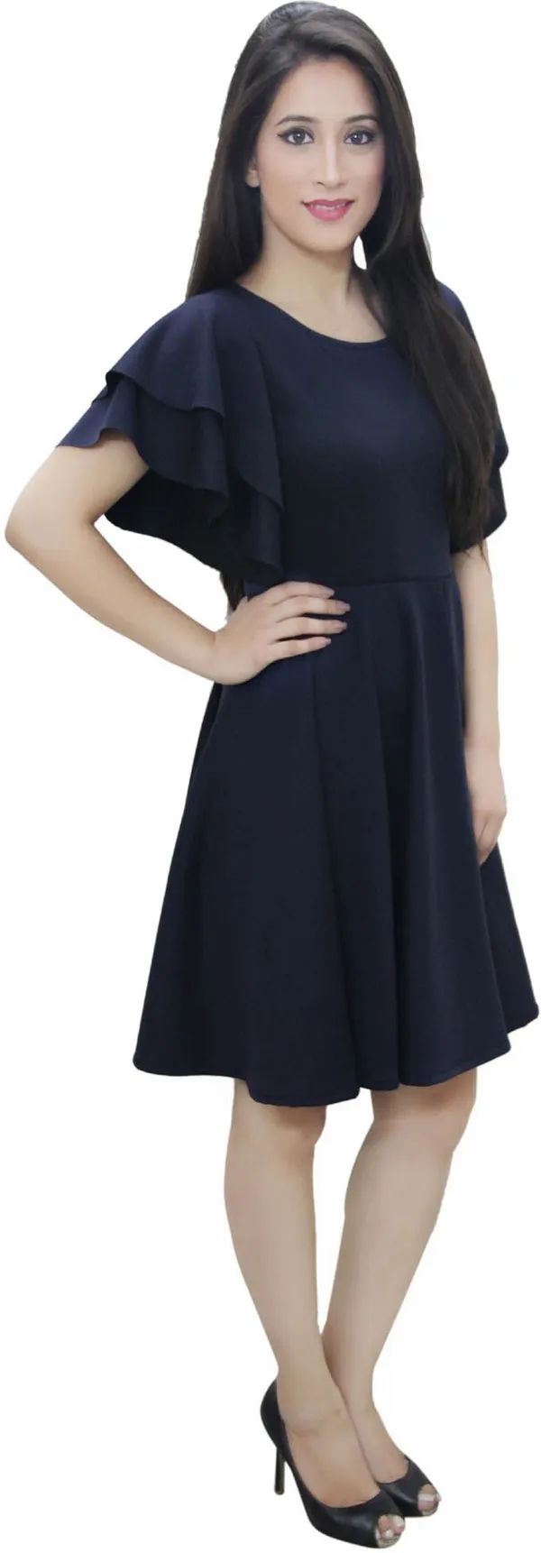 Dark_Blue_Lycra_Blend_Round_Neck_Fashion_Sleeve_Above_Knee_Skater_Dress_For_Women