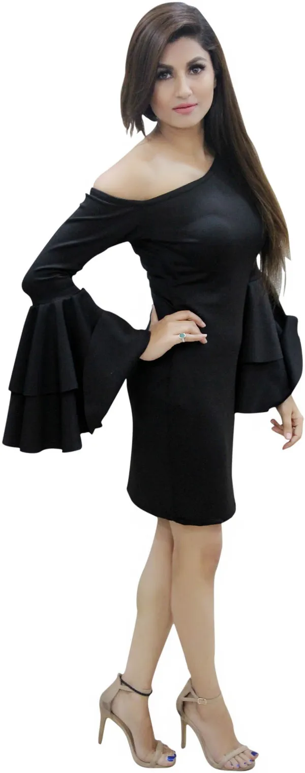 Black_Lycra_Blend_Round_Neck_Fashion_Sleeve_Knee_Length_Bodycon_Dress_For_Women