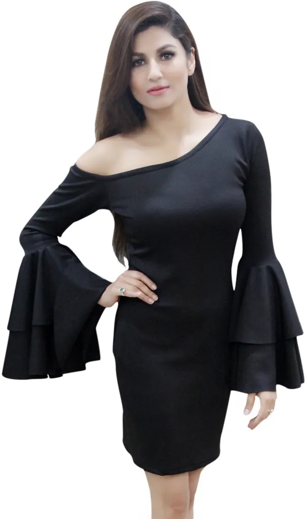 Black_Lycra_Blend_Round_Neck_Fashion_Sleeve_Knee_Length_Bodycon_Dress_For_Women