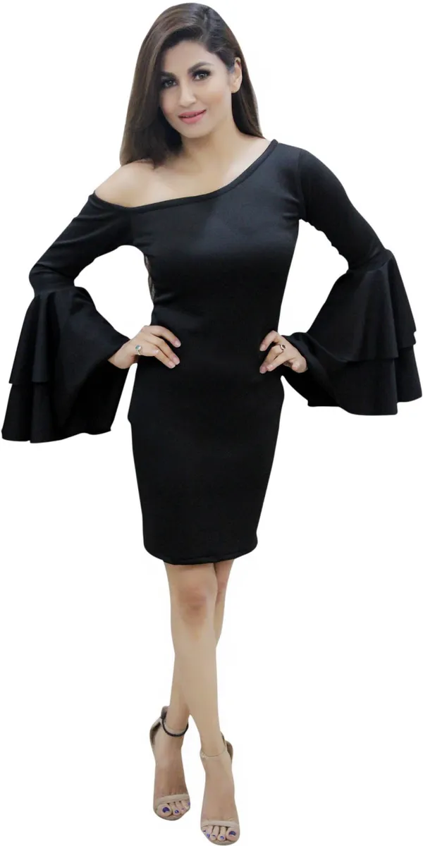 Black_Lycra_Blend_Round_Neck_Fashion_Sleeve_Knee_Length_Bodycon_Dress_For_Women