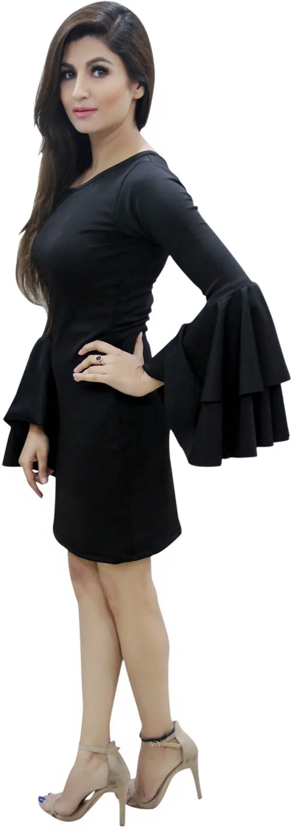 Black_Lycra_Blend_Round_Neck_Fashion_Sleeve_Knee_Length_Bodycon_Dress_For_Women