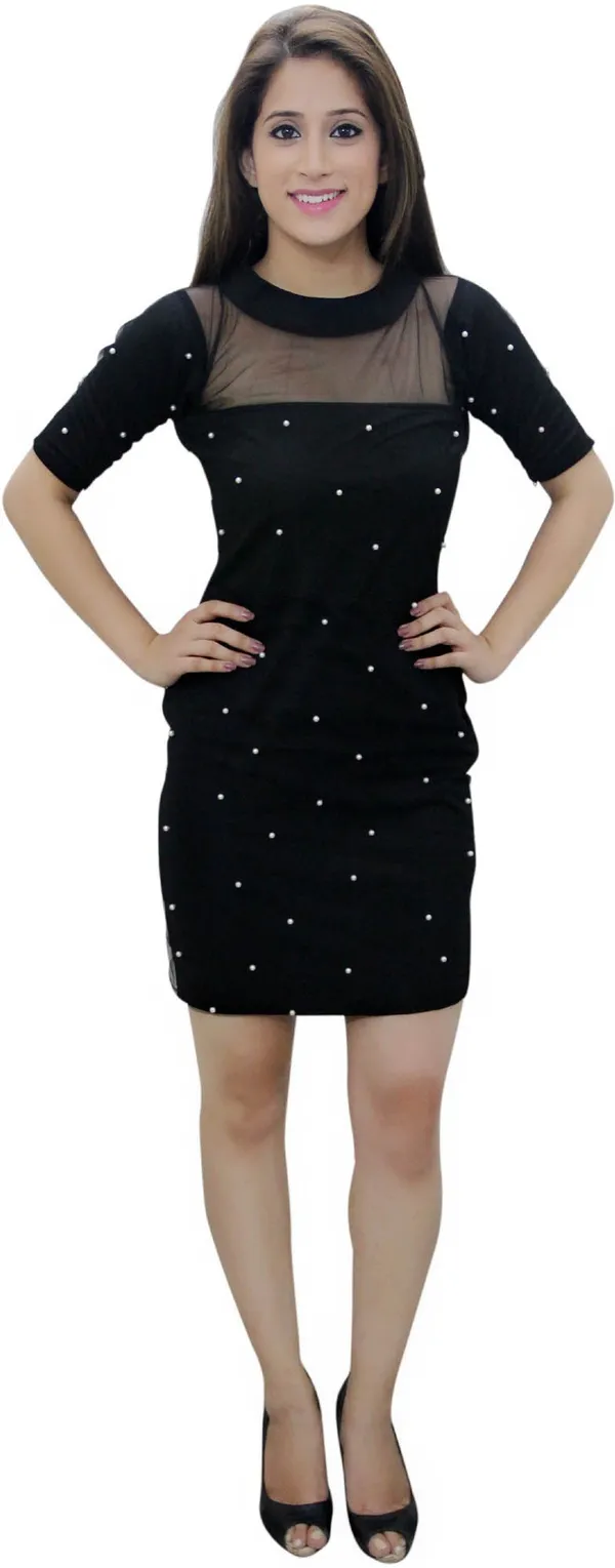 Black_Lycra_Blend_Round_Neck_Short_Sleeve_Knee_Length_Bodycon_Dress_For_Women