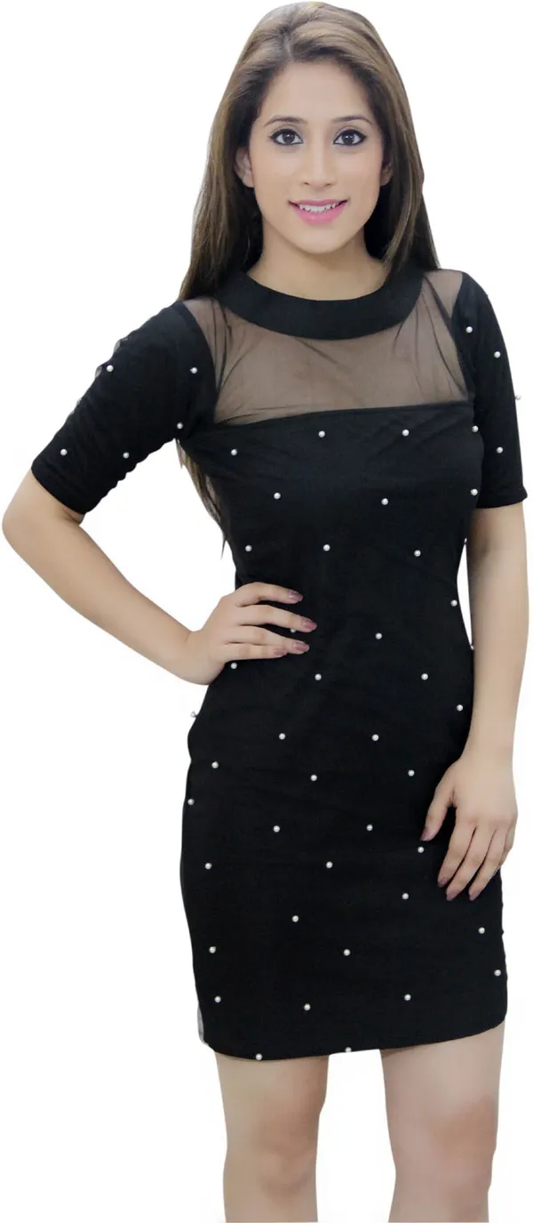 Black_Lycra_Blend_Round_Neck_Short_Sleeve_Knee_Length_Bodycon_Dress_For_Women