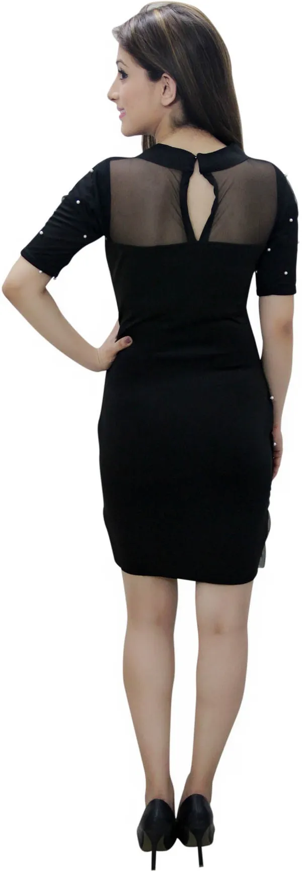 Black_Lycra_Blend_Round_Neck_Short_Sleeve_Knee_Length_Bodycon_Dress_For_Women