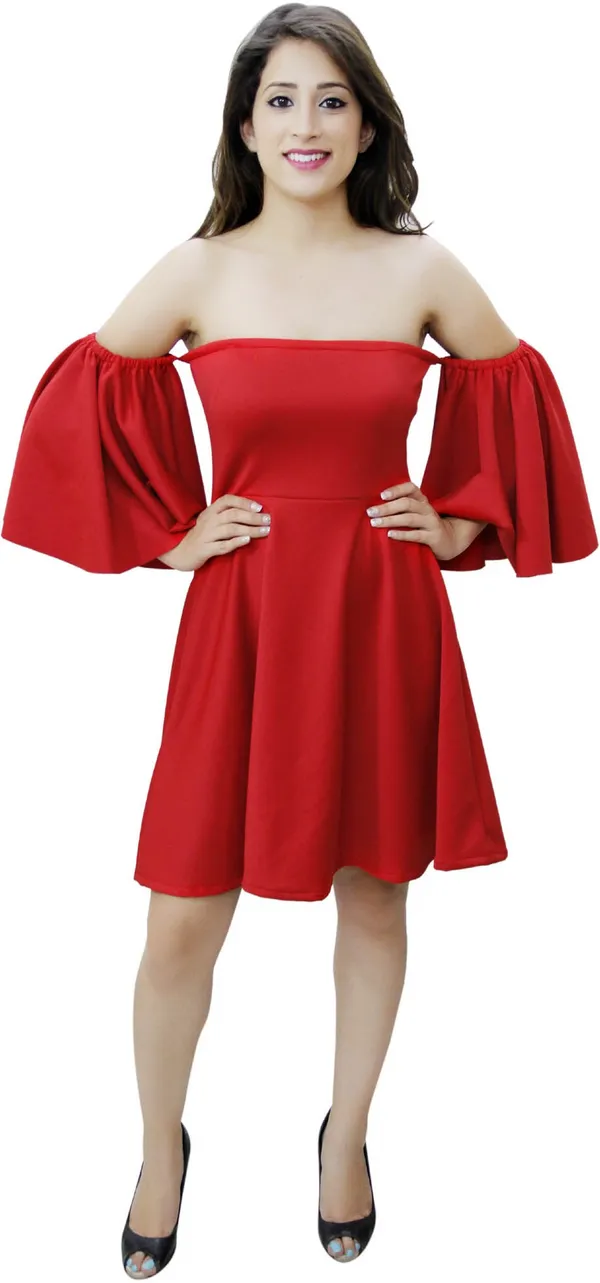Red_Lycra_Blend_Off_Shoulder_3/4_Sleeve_Above_Knee_Fit_And_Flare_Dress_For_Women
