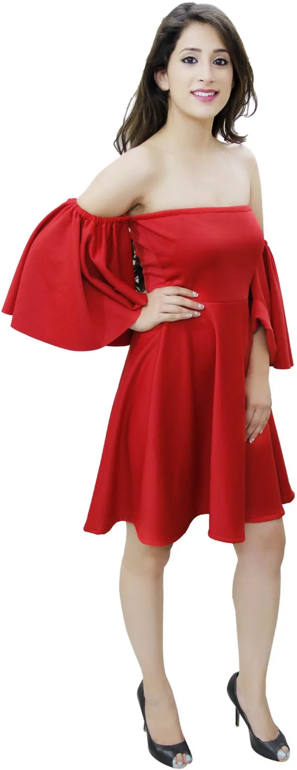 Red_Lycra_Blend_Off_Shoulder_3/4_Sleeve_Above_Knee_Fit_And_Flare_Dress_For_Women