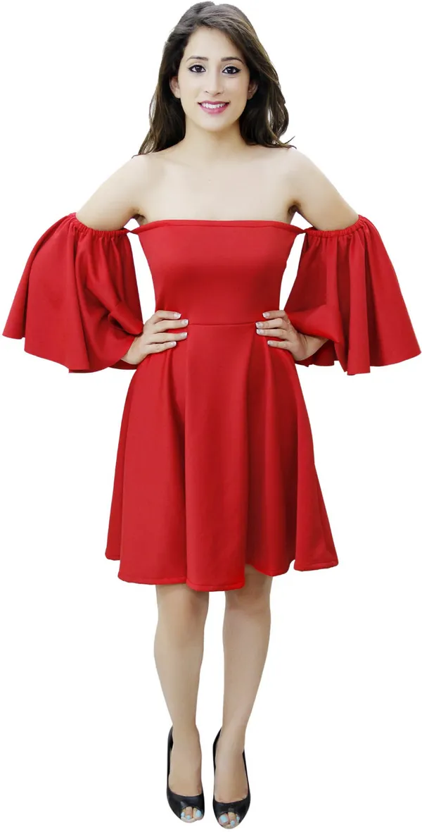 Red_Lycra_Blend_Off_Shoulder_3/4_Sleeve_Above_Knee_Fit_And_Flare_Dress_For_Women