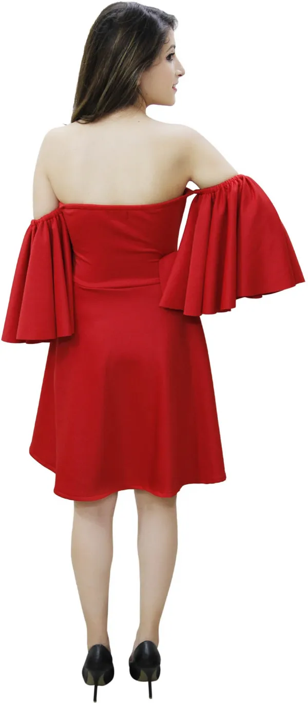 Red_Lycra_Blend_Off_Shoulder_3/4_Sleeve_Above_Knee_Fit_And_Flare_Dress_For_Women