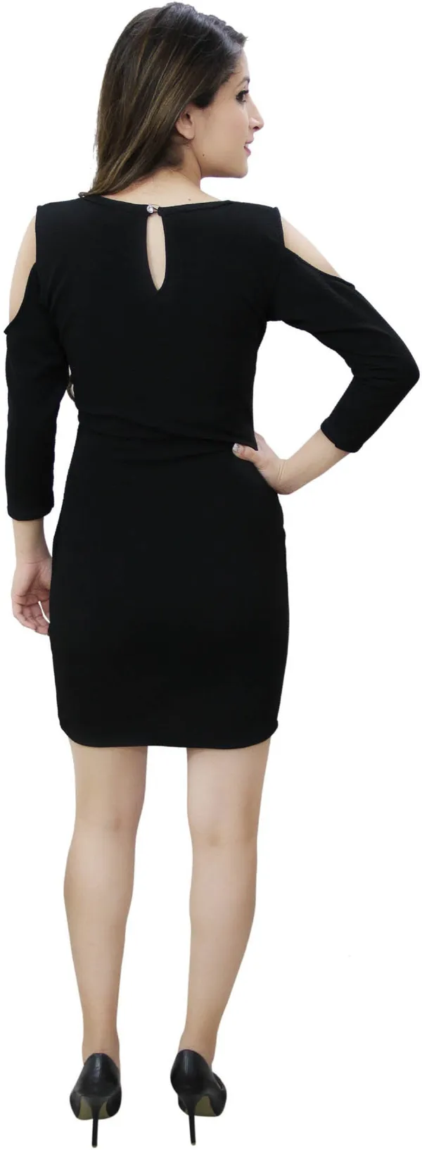 Black_Lycra_Blend_Round_Neck_3/4_Sleeve_Above_Knee_Sheath_Dress_For_Women