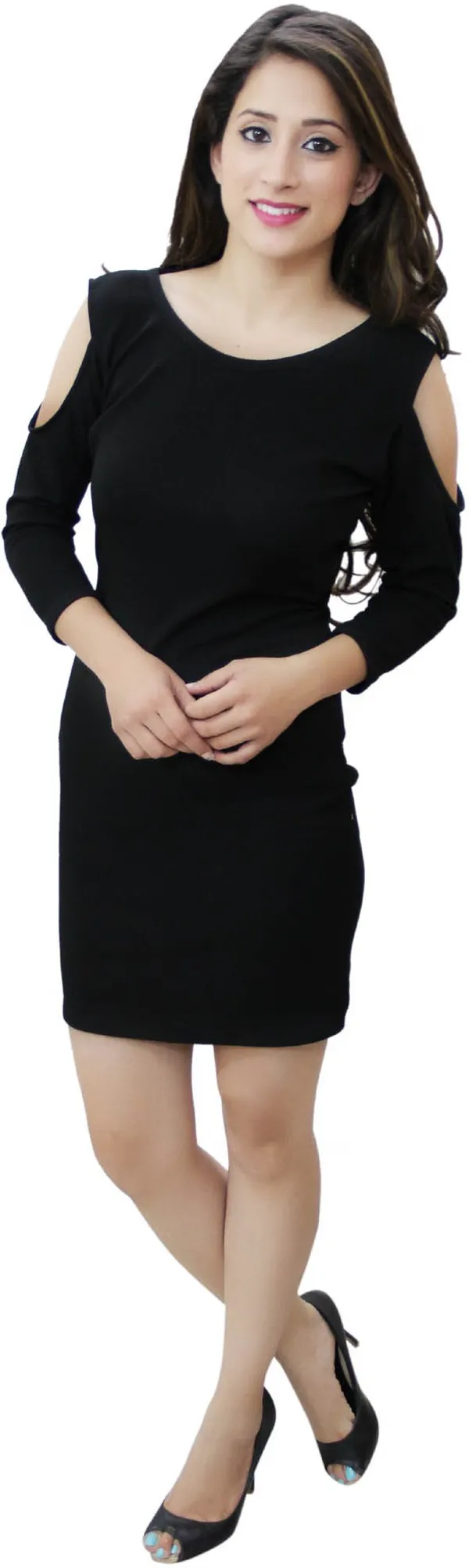 Black_Lycra_Blend_Round_Neck_3/4_Sleeve_Above_Knee_Sheath_Dress_For_Women