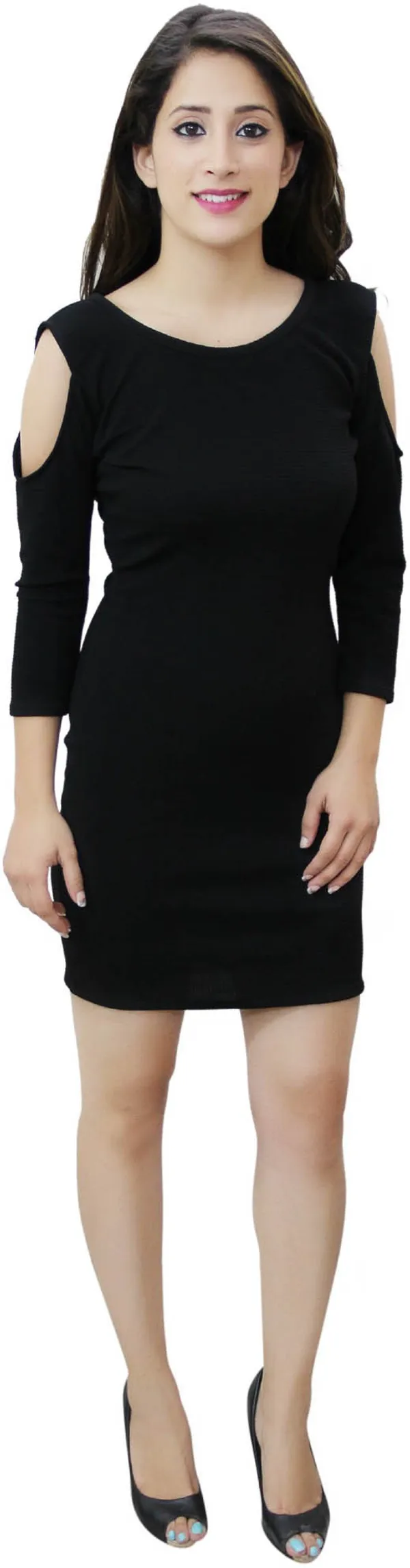 Black_Lycra_Blend_Round_Neck_3/4_Sleeve_Above_Knee_Sheath_Dress_For_Women