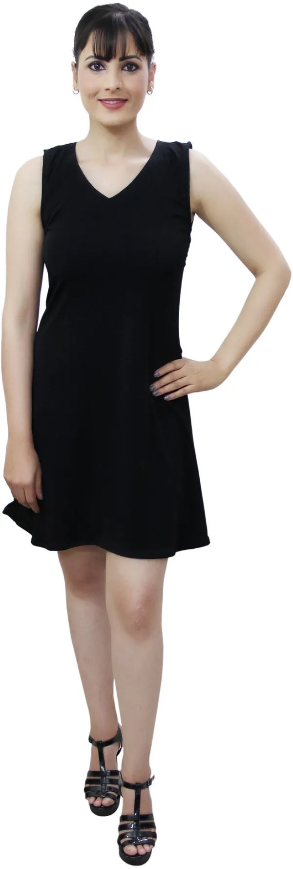 Black_Lycra_Blend_V-Neck_Sleeveless_Knee_Length_A-Line_Dress_For_Women