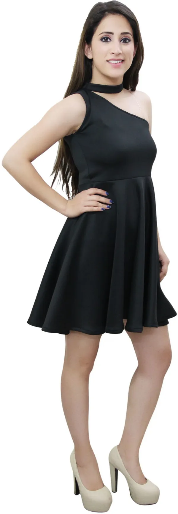 Black_Lycra_Blend_One_Shoulder_Sleeveless_Above_Knee_Skater_Dress_For_Women