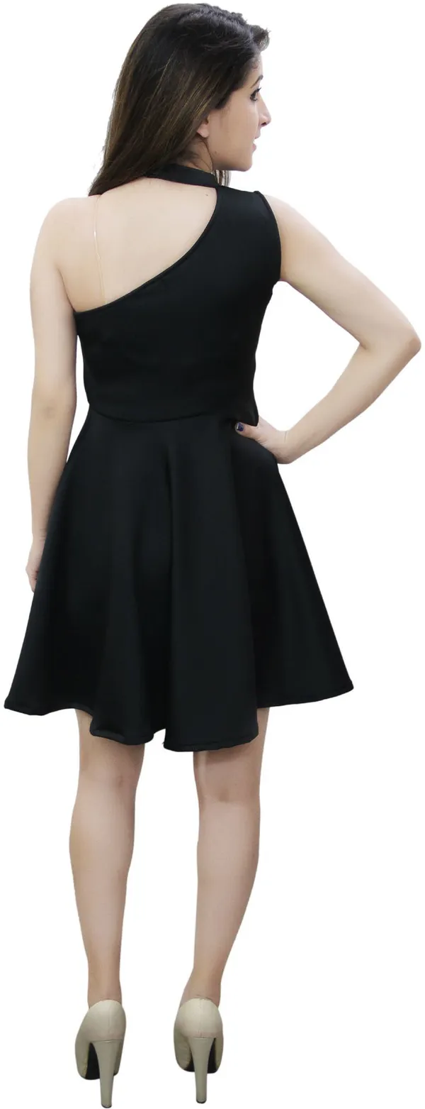 Black_Lycra_Blend_One_Shoulder_Sleeveless_Above_Knee_Skater_Dress_For_Women