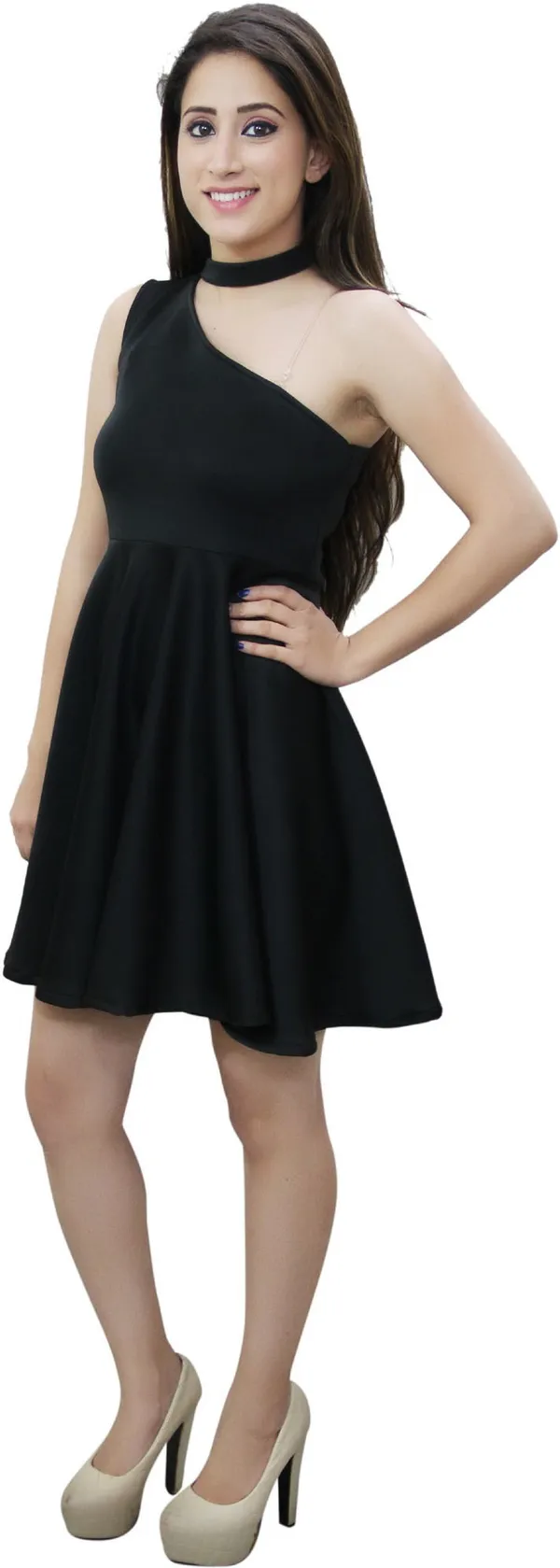 Black_Lycra_Blend_One_Shoulder_Sleeveless_Above_Knee_Skater_Dress_For_Women