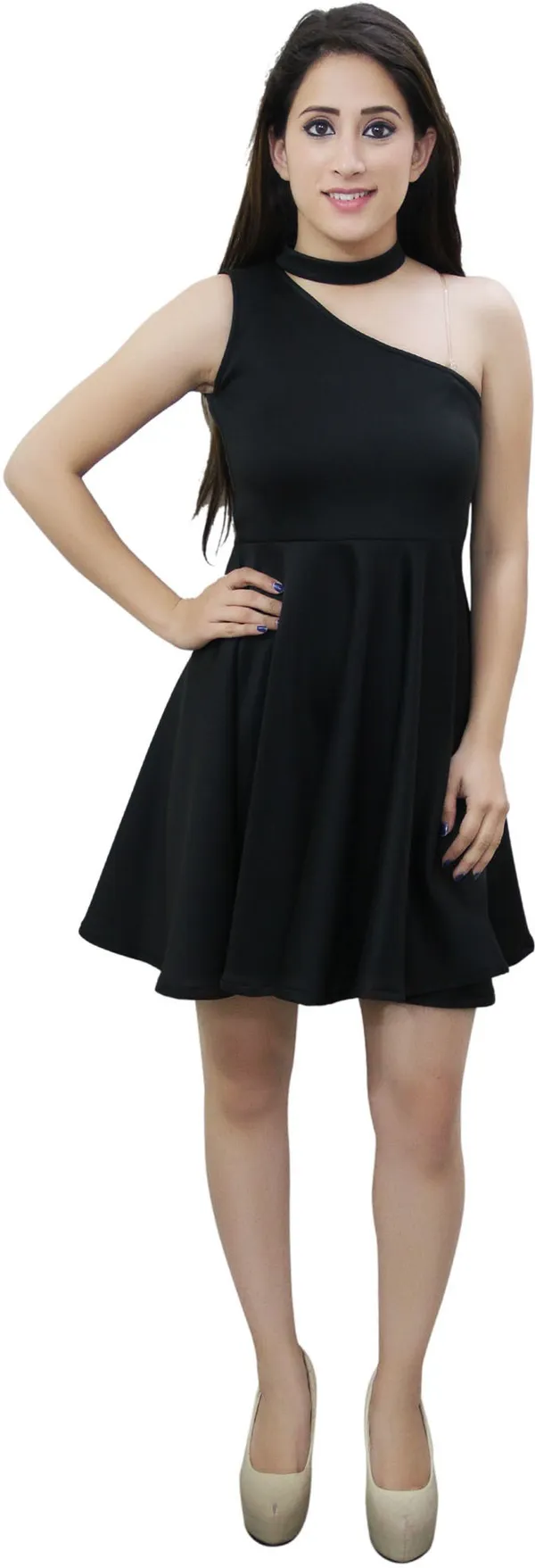Black_Lycra_Blend_One_Shoulder_Sleeveless_Above_Knee_Skater_Dress_For_Women