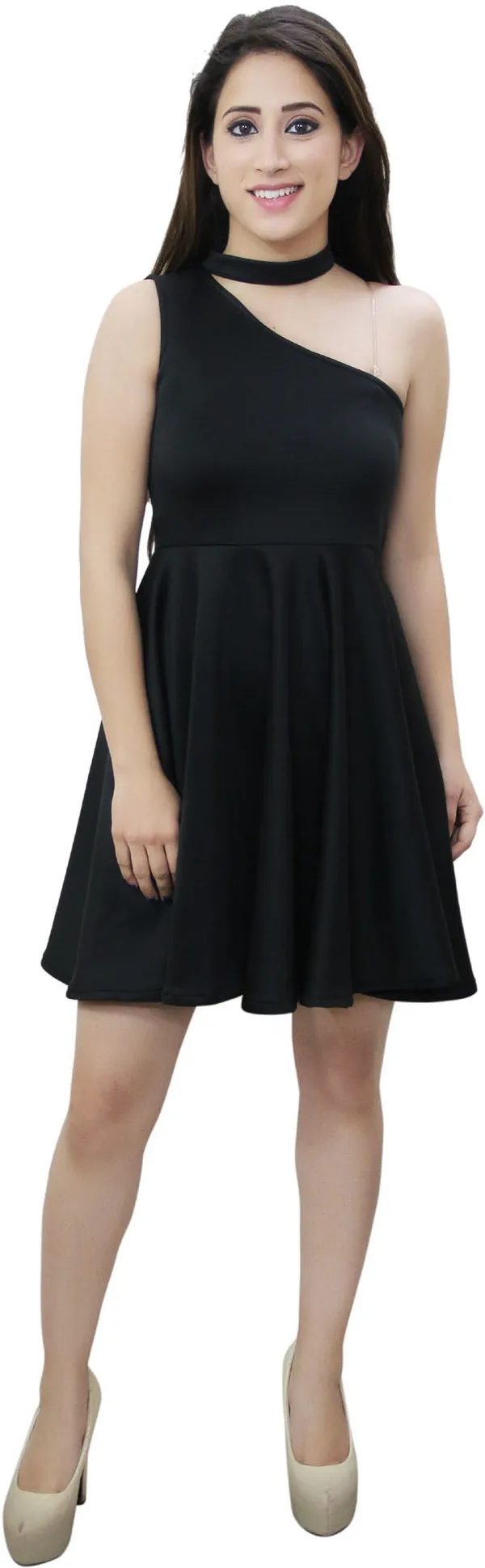 Black_Lycra_Blend_One_Shoulder_Sleeveless_Above_Knee_Skater_Dress_For_Women