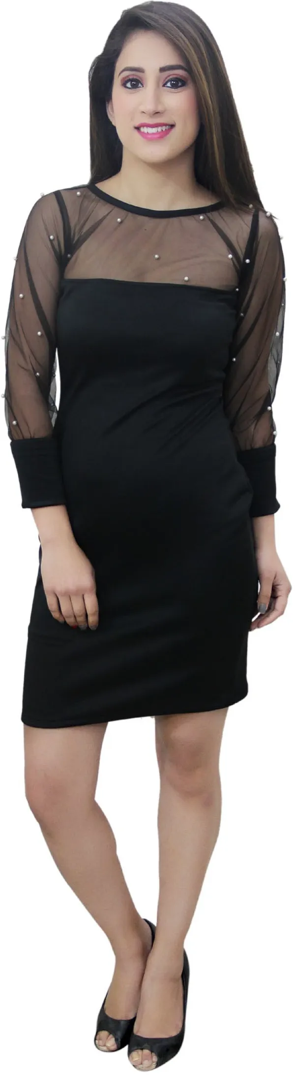Black_Lycra_Blend_Round_Neck_Full_Sleeve_Knee_Length_Bodycon_Dress_For_Women
