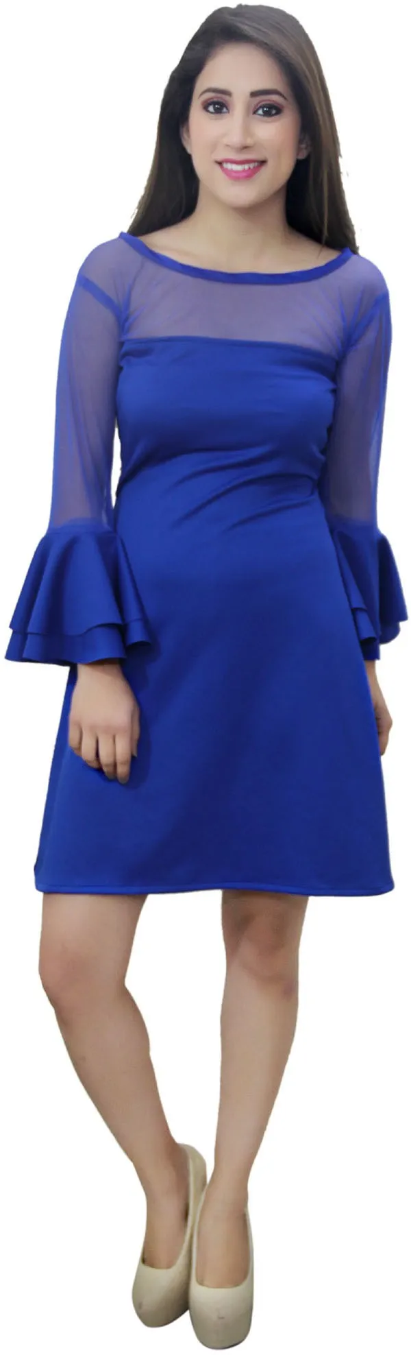 Blue_Lycra_Blend_Round_Neck_Full_Sleeve_Knee_Length_A-Line_Dress_For_Women
