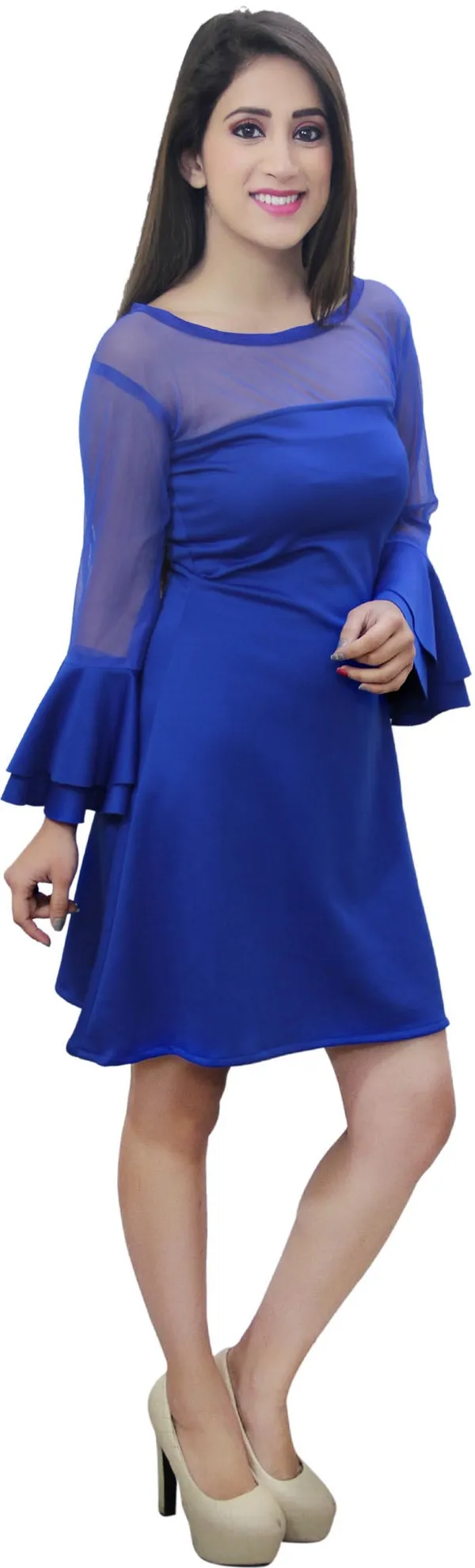 Blue_Lycra_Blend_Round_Neck_Full_Sleeve_Knee_Length_A-Line_Dress_For_Women