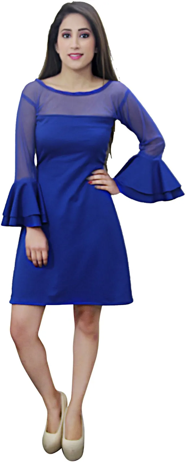 Blue_Lycra_Blend_Round_Neck_Full_Sleeve_Knee_Length_A-Line_Dress_For_Women