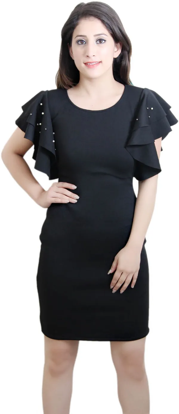 Black_Lycra_Blend_Round_Neck_Short_Sleeve_Above_Knee_Bodycon_Dress_For_Women
