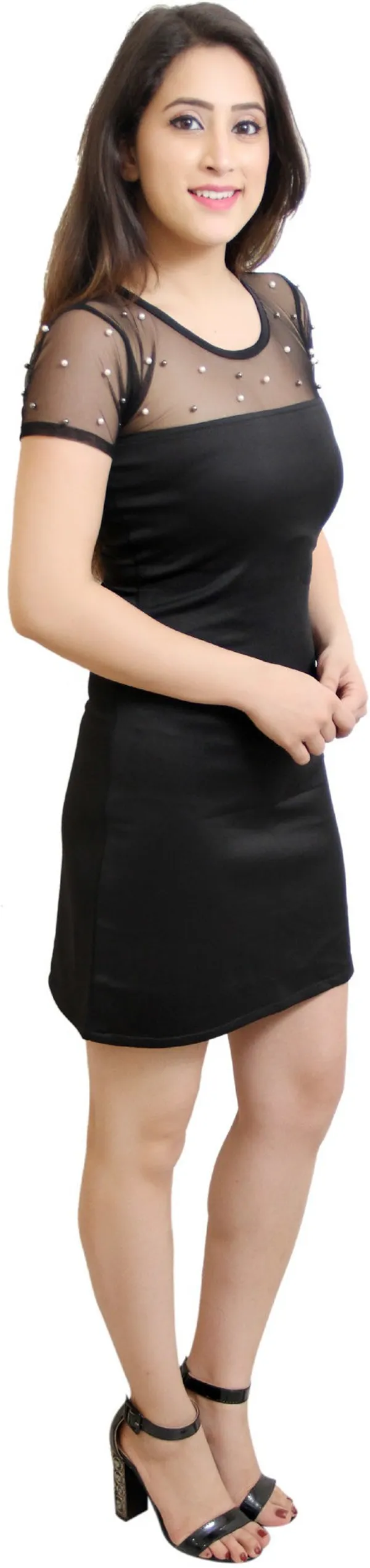 Black_Lycra_Blend_Round_Neck_Short_Sleeve_Above_Knee_A-Line_Dress_For_Women