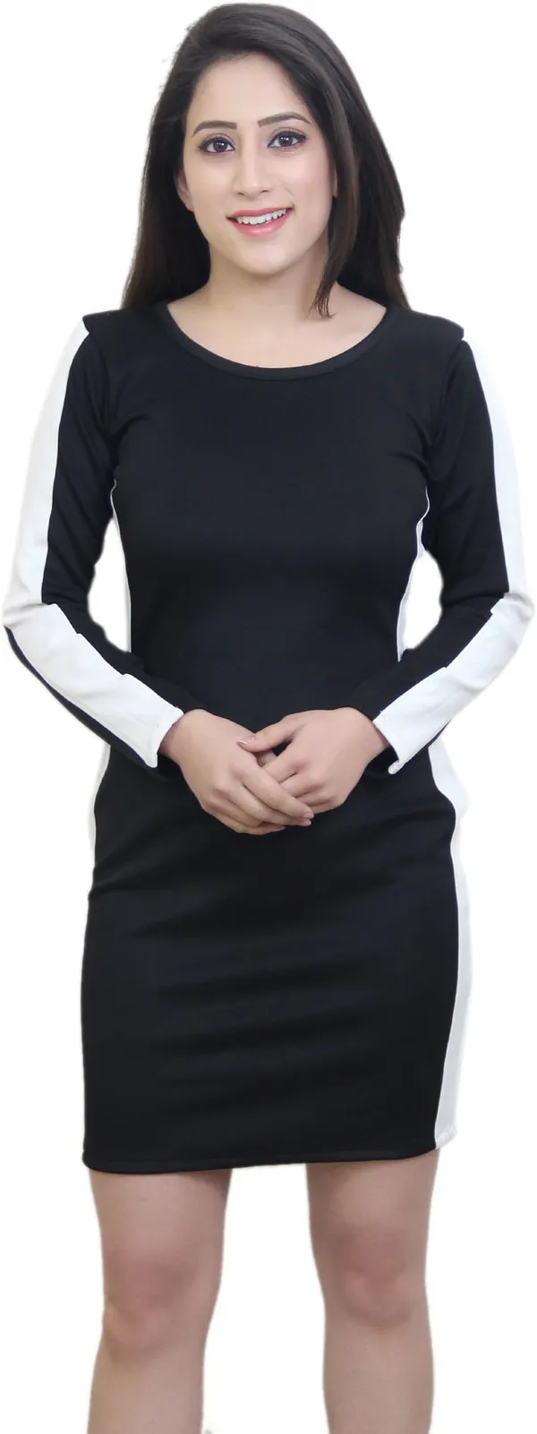 Black_Lycra_Blend_Round_Neck_Full_Sleeve_Above_Knee_Bodycon_Dress_For_Women