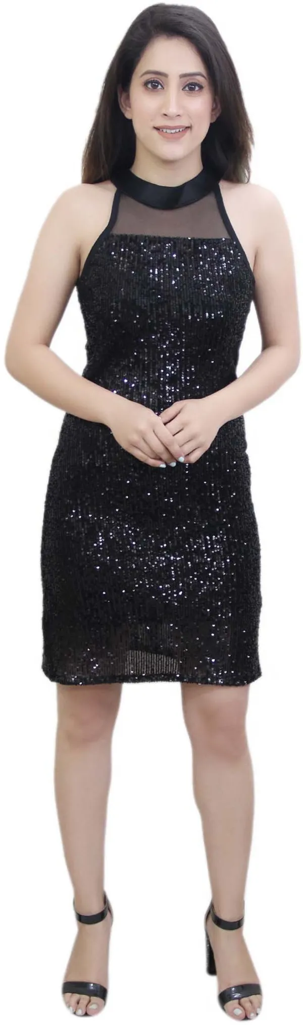 Black_Sequin_Collar_Neck_Party_Dress_For_Women
