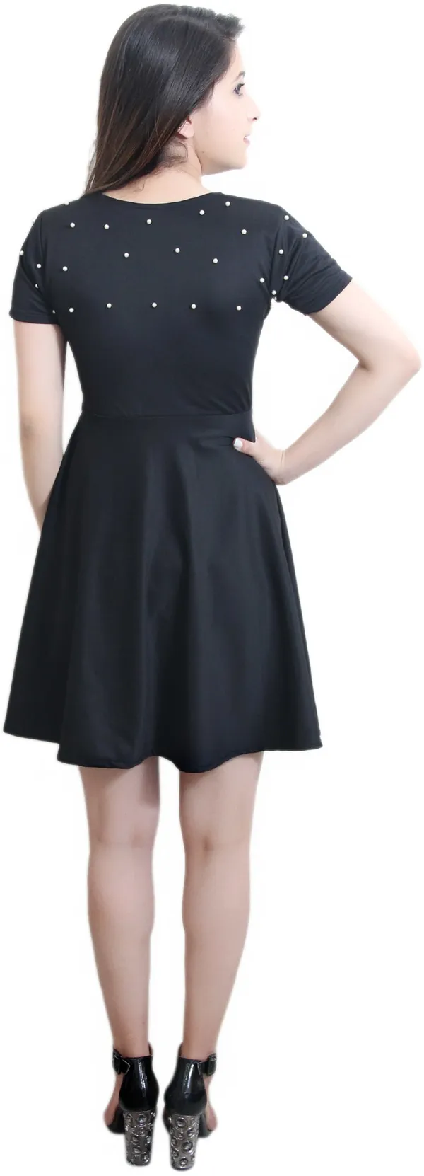 Black_Lycra_Blend_Round_Neck_Short_Sleeve_Above_Knee_A-Line_Dress_For_Women