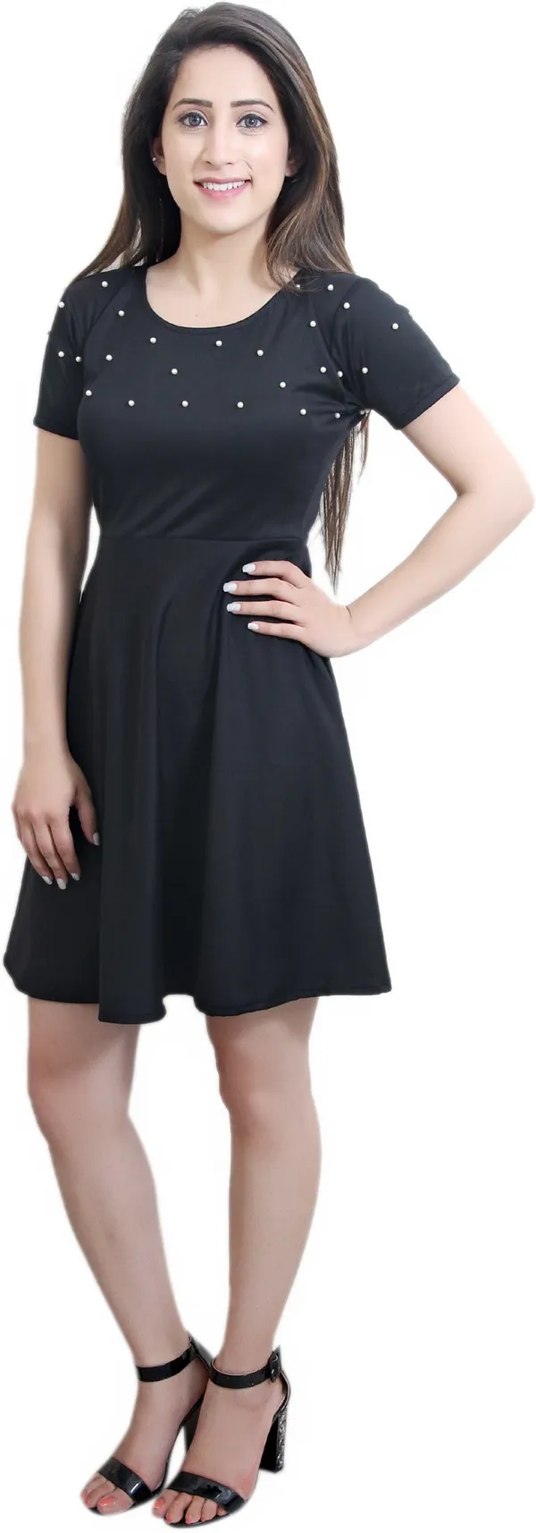 Black_Lycra_Blend_Round_Neck_Short_Sleeve_Above_Knee_A-Line_Dress_For_Women