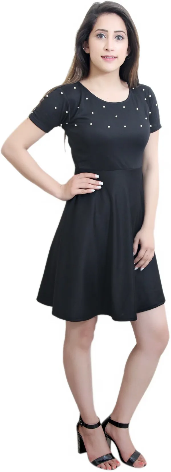 Black_Lycra_Blend_Round_Neck_Short_Sleeve_Above_Knee_A-Line_Dress_For_Women