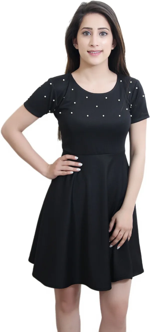 Black_Lycra_Blend_Round_Neck_Short_Sleeve_Above_Knee_A-Line_Dress_For_Women