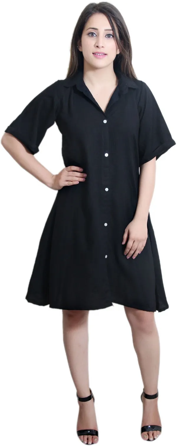 Black_Viscose_Rayon_V-Neck_Short_Sleeve_Knee_Length_Shirt_Dress_For_Women