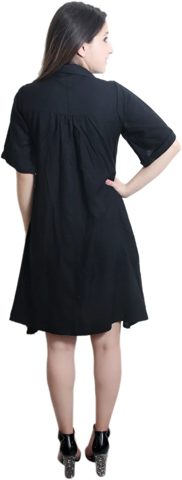 Black_Viscose_Rayon_V-Neck_Short_Sleeve_Knee_Length_Shirt_Dress_For_Women