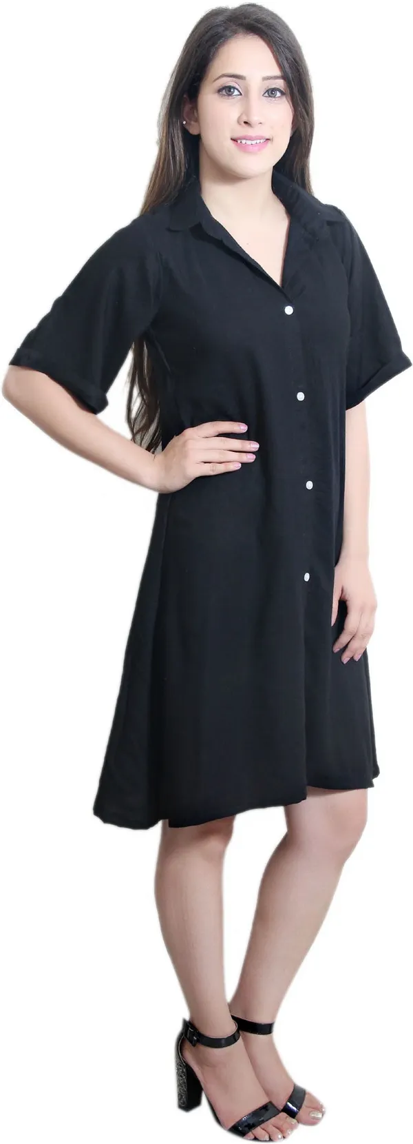 Black_Viscose_Rayon_V-Neck_Short_Sleeve_Knee_Length_Shirt_Dress_For_Women