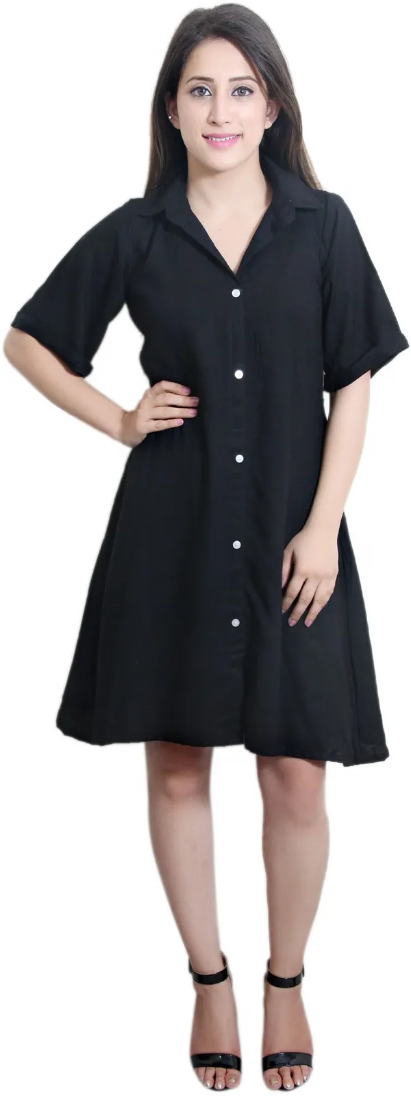 Black_Viscose_Rayon_V-Neck_Short_Sleeve_Knee_Length_Shirt_Dress_For_Women