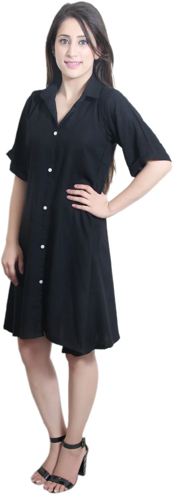 Black_Viscose_Rayon_V-Neck_Short_Sleeve_Knee_Length_Shirt_Dress_For_Women