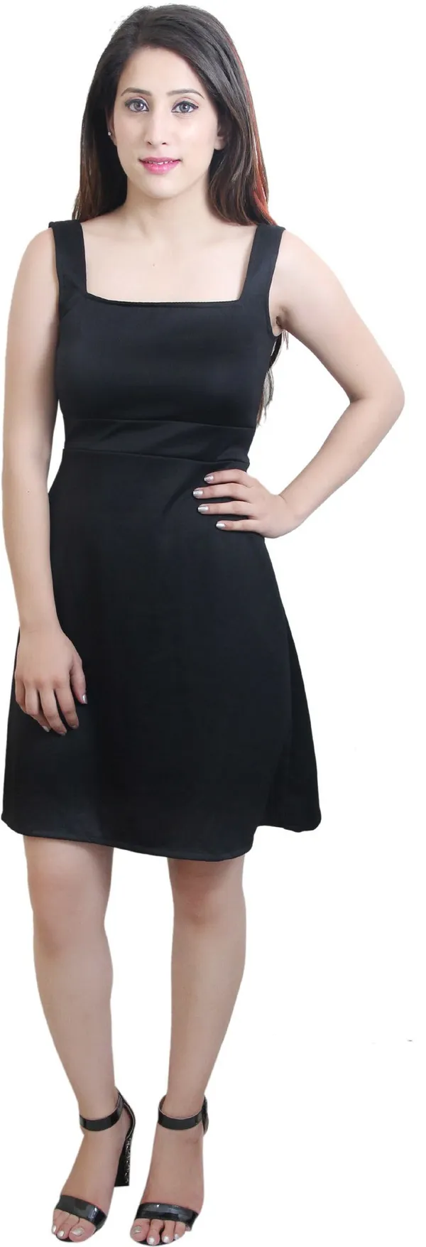 Black_Lycra_Blend_Square_Neck_Sleeveless_Knee_Length_A-Line_Dress_For_Women