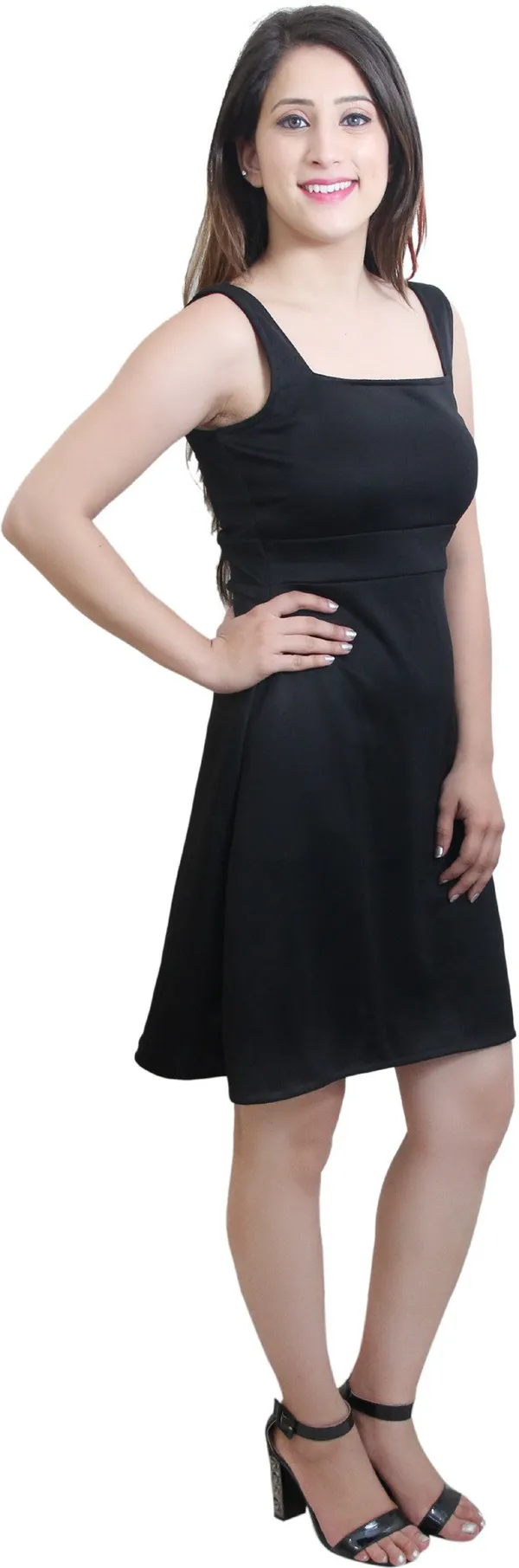 Black_Lycra_Blend_Square_Neck_Sleeveless_Knee_Length_A-Line_Dress_For_Women