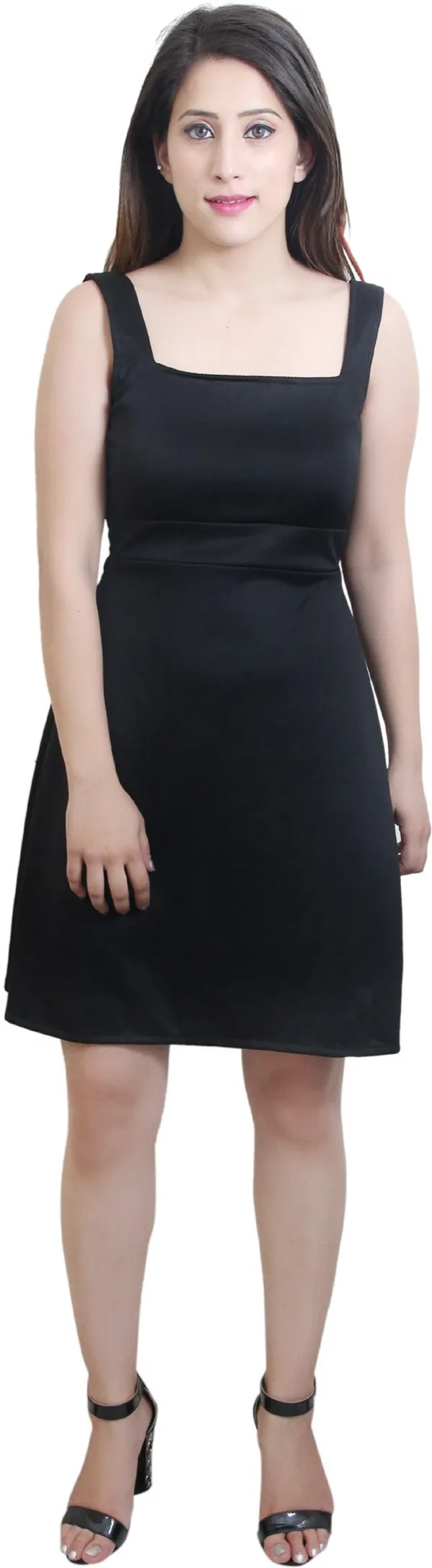 Black_Lycra_Blend_Square_Neck_Sleeveless_Knee_Length_A-Line_Dress_For_Women