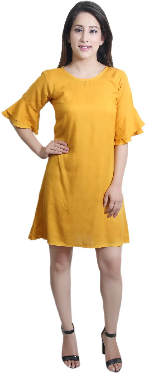 Yellow_Viscose_Rayon_Round_Neck_Short_Sleeve_Above_Knee_A-Line_Dress_For_Women