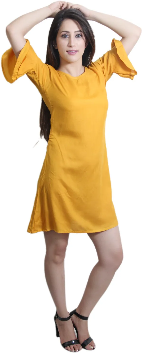 Yellow_Viscose_Rayon_Round_Neck_Short_Sleeve_Above_Knee_A-Line_Dress_For_Women