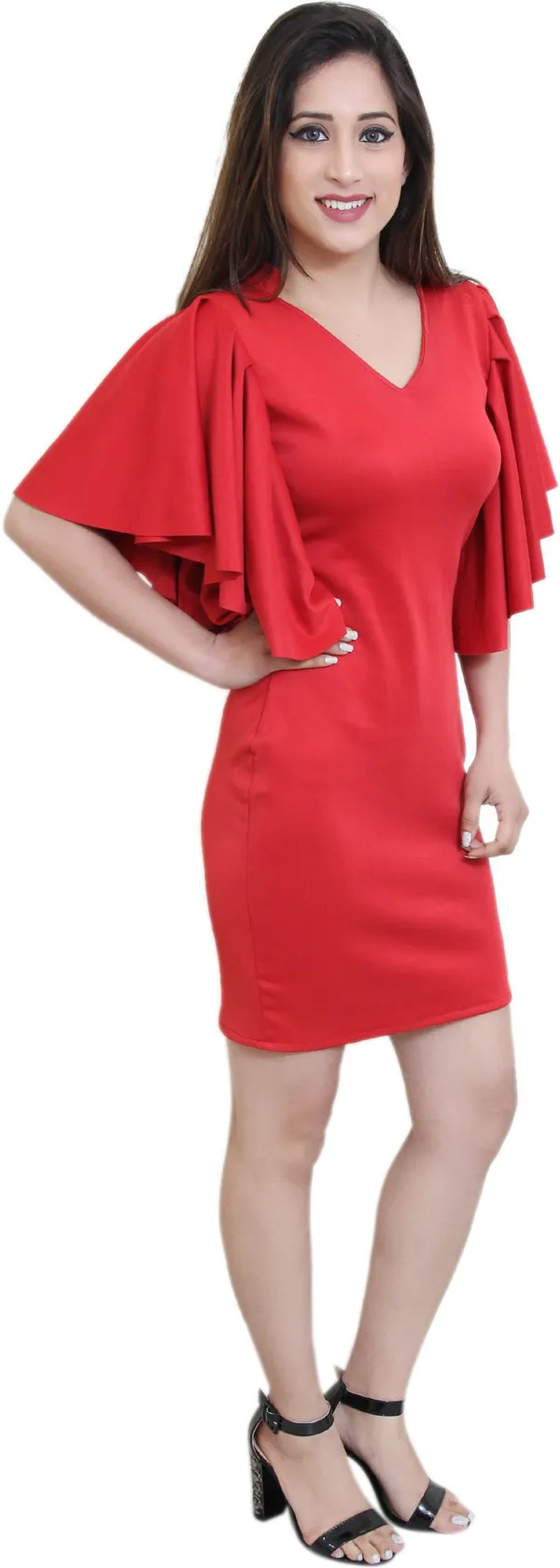 Red_Lycra_Blend_V-Neck_Half_Sleeve_Above_Knee_Bodycon_Dress_For_Women