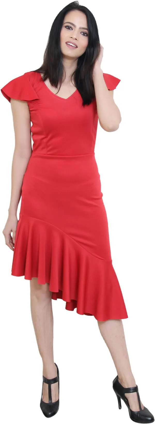 Red_Lycra_Blend_V-Neck_Short_Sleeve_Below_Knee_Asymmetric_Dress_For_Women