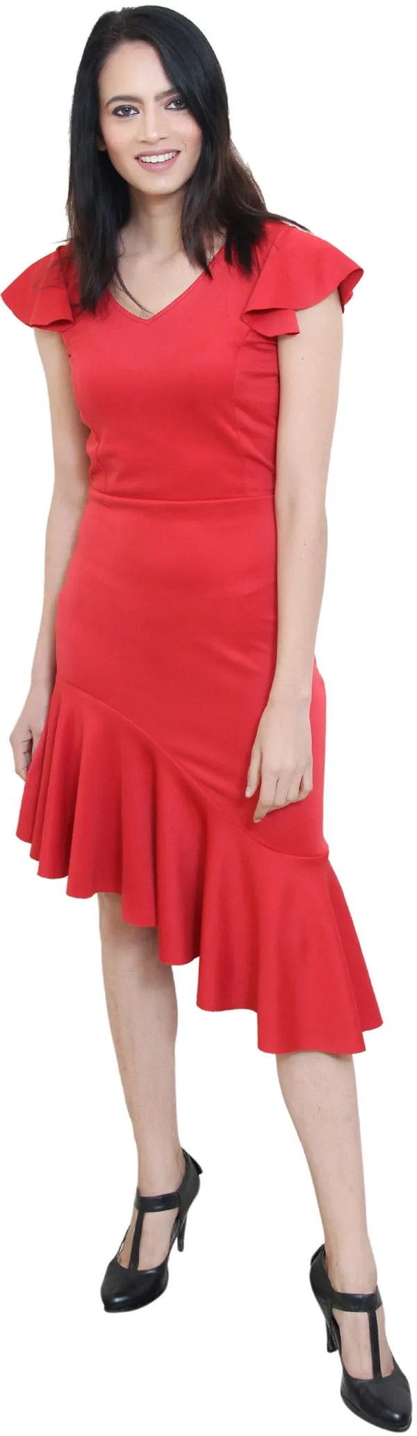 Red_Lycra_Blend_V-Neck_Short_Sleeve_Below_Knee_Asymmetric_Dress_For_Women