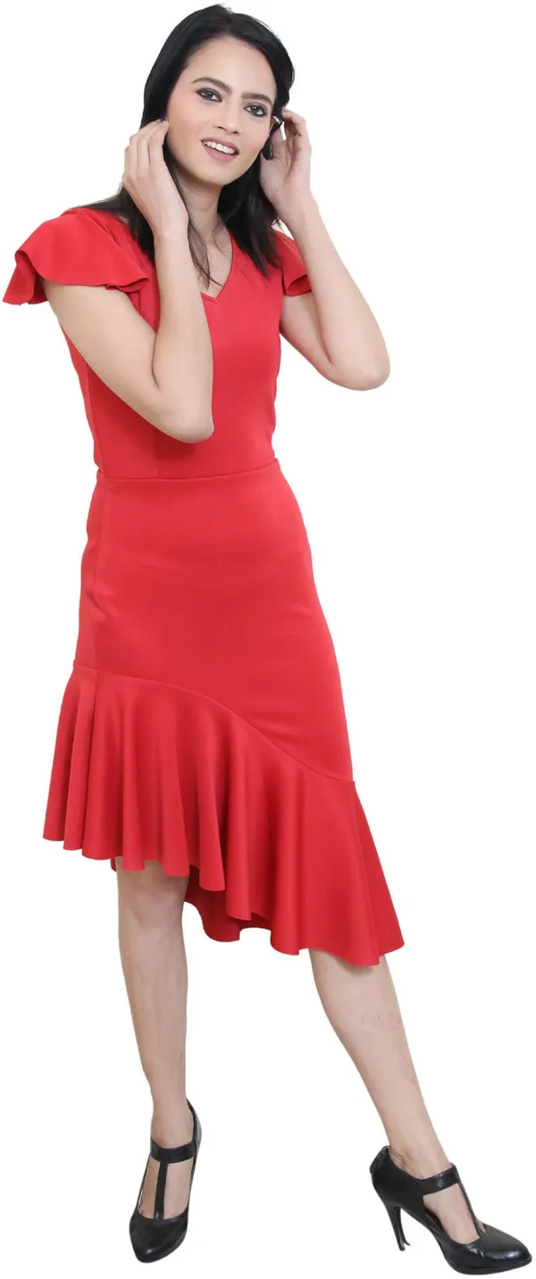 Red_Lycra_Blend_V-Neck_Short_Sleeve_Below_Knee_Asymmetric_Dress_For_Women