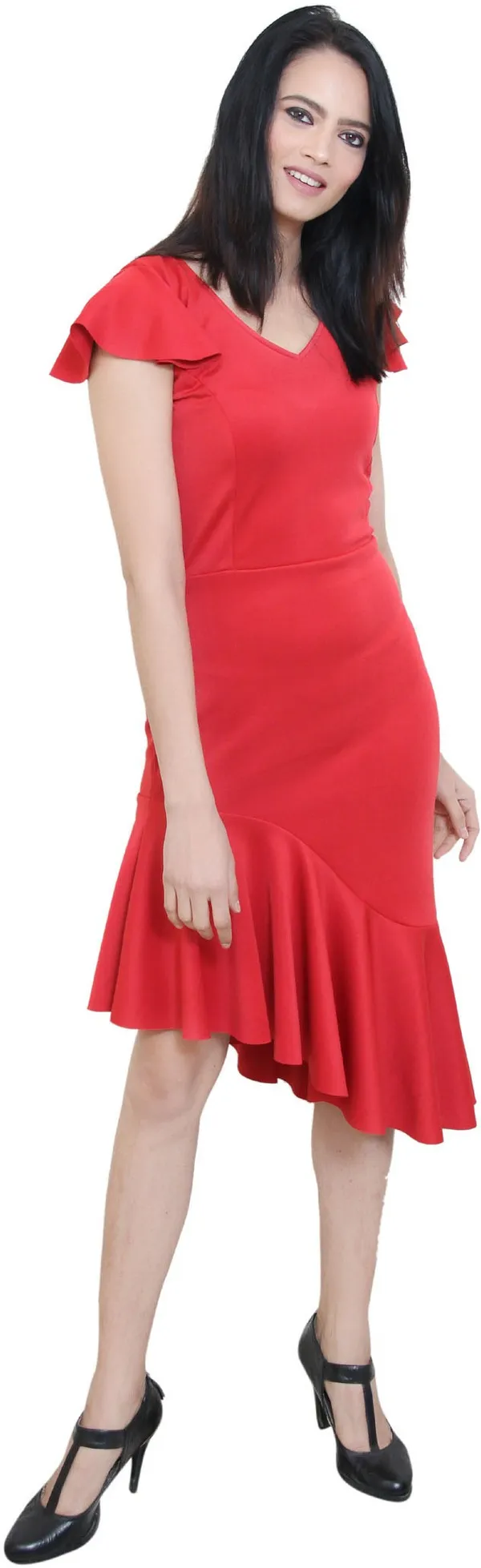 Red_Lycra_Blend_V-Neck_Short_Sleeve_Below_Knee_Asymmetric_Dress_For_Women