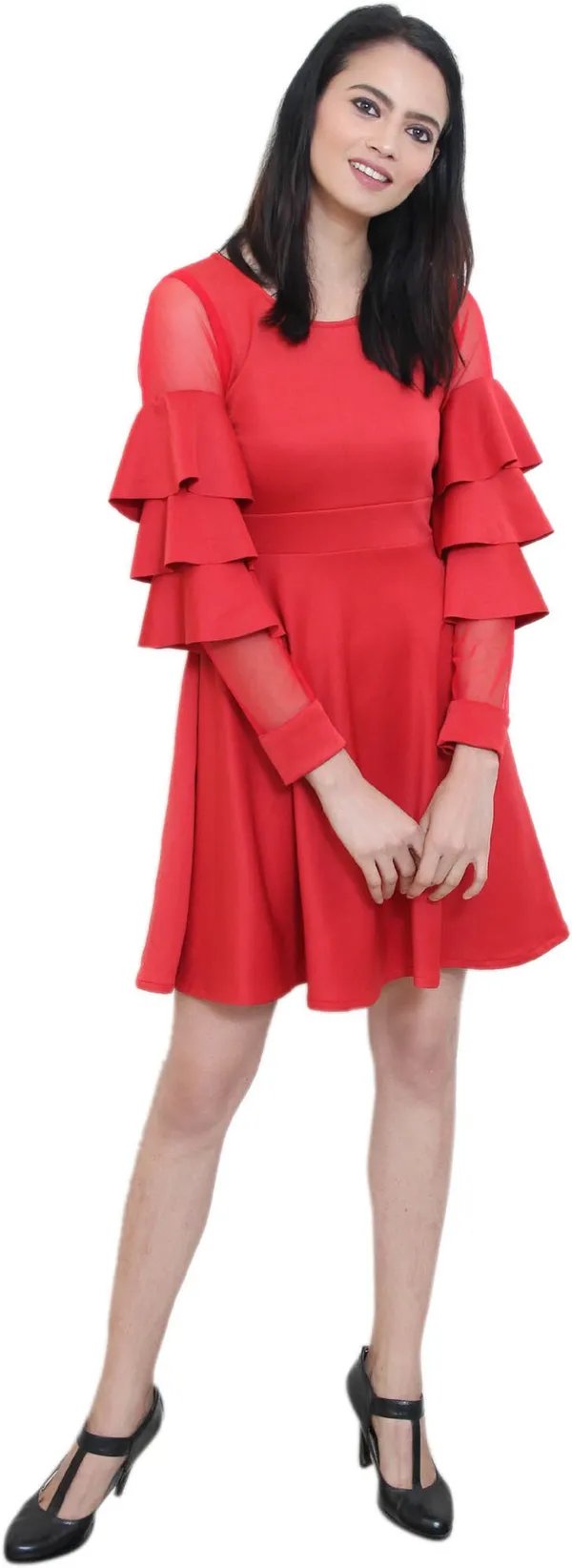 Red_Lycra_Blend_Round_Neck_Full_Sleeve_Above_Knee_Fit_And_Flare_Dress_For_Women
