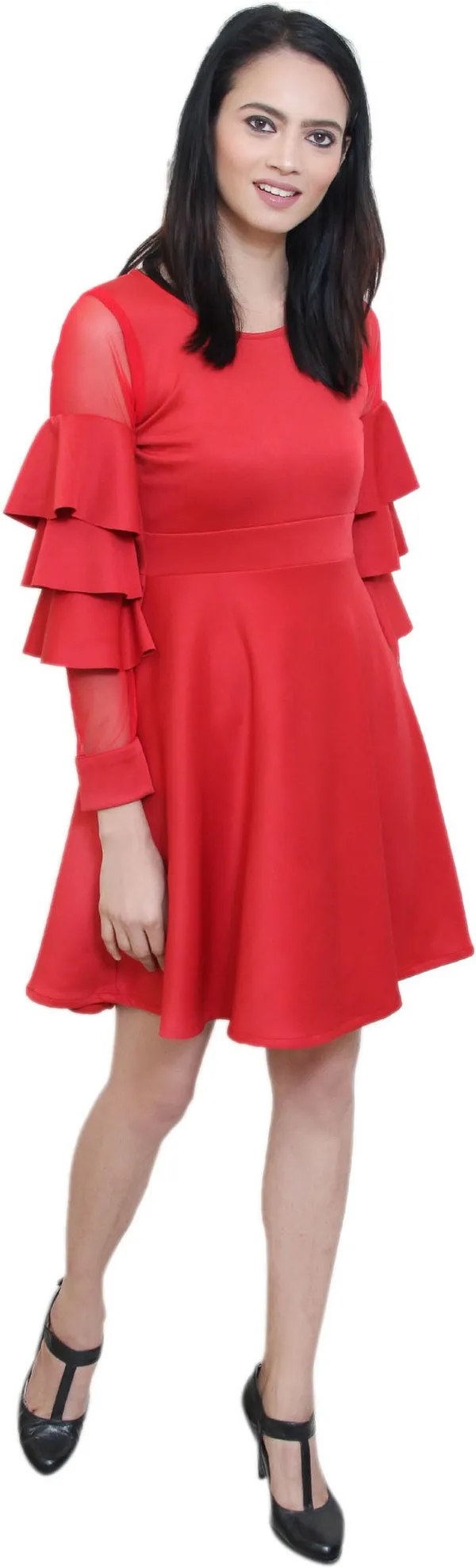 Red_Lycra_Blend_Round_Neck_Full_Sleeve_Above_Knee_Fit_And_Flare_Dress_For_Women